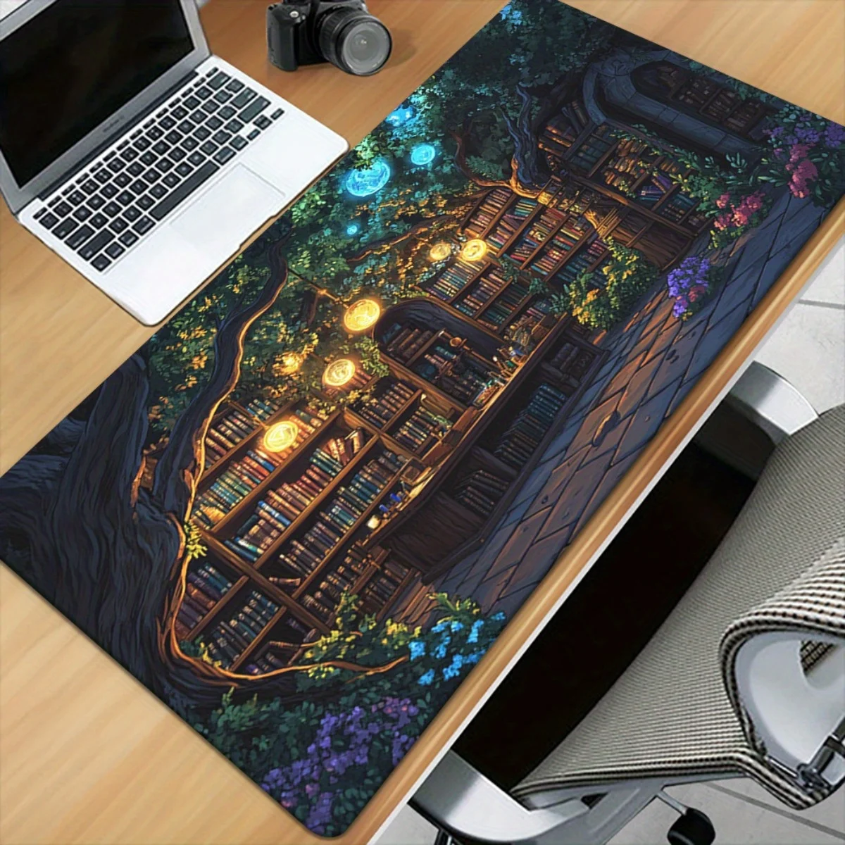 Magic Forest Library XXL Desk Mat Non-Slip Rubber Base Fantasy Bookshelf Mouse Pad