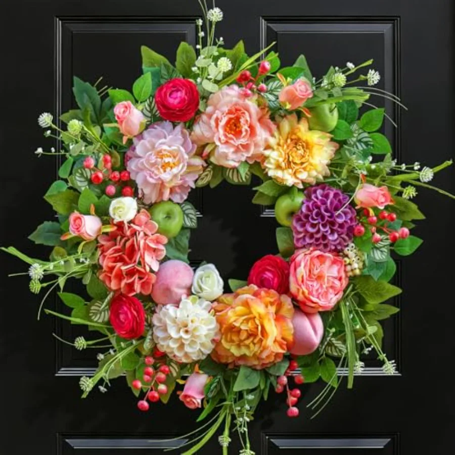 Spring Wreaths for Front Door 24 Inch Lush Summer Flower Wreath with Peonies Dahlias Roses Pink Hydrangeas and Realistic Fruit
Spring Wreaths for Front Door 24 Inch Lush Summer Flower Wreath with Peonies Dahlias Roses Pink Hydrangeas and Realistic Fruit