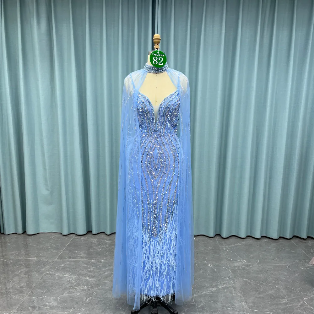 YQLNNE 082 Blue Feathers Long Mermaid Evening Dresses With Shawl Tulle Beaded Pageant Evening Party Gown Tea-Length
YQLNNE 082 Blue Feathers Long Mermaid Evening Dresses With Shawl Tulle Beaded Pageant Evening Party Gown Tea-Length