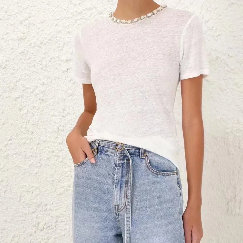 Highest Quality Version Summer Essentials Tops Australia Luxury Designer Linen Solid Color Shell-decorated Short-sleeved T-shirt
Highest Quality Version Summer Essentials Tops Australia Luxury Designer Linen Solid Color Shell-decorated Short-sleeved T-shirt