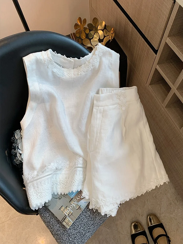 New Chinese Sle White Lace Embroidery Linen Vest And orts Set Casual Two Piece Suit Women's Faion round Ne Svel
New Chinese Sle White Lace Embroidery Linen Vest And orts Set Casual Two Piece Suit Women's Faion round Ne Svel