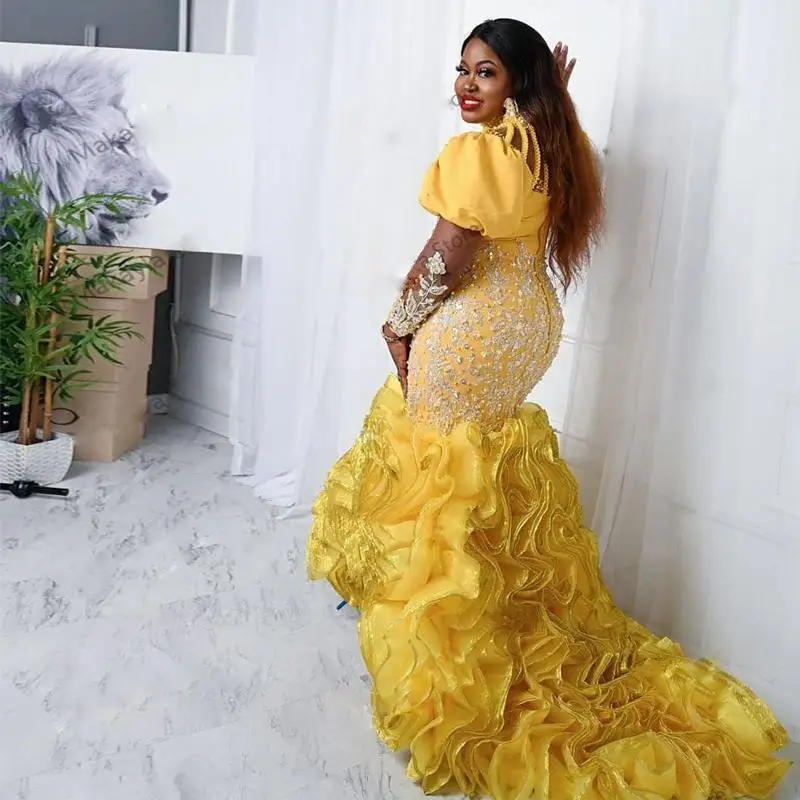 Элегантные кружевные вечерние платья русалки в африканском стиле с рюшами и скользящим шлейфом, платья для выпускного вечера, желтое многослойное женское вечернее платье с аппликацией, иллюзия 
Элегантные кружевные вечерние платья русалки в африканском стиле с рюшами и скользящим шлейфом, платья для выпускного вечера, желтое многослойное женское вечернее платье с аппликацией, иллюзия