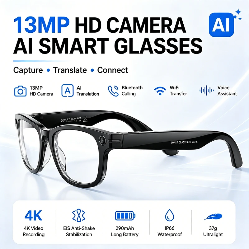 New AI Smart Glasses AI Voice Wake-up AI Conversation 1300W HD Camera AI Translation IP66 Waterproof Bluetooth Call SmartGlasses
New AI Smart Glasses AI Voice Wake-up AI Conversation 1300W HD Camera AI Translation IP66 Waterproof Bluetooth Call SmartGlasses