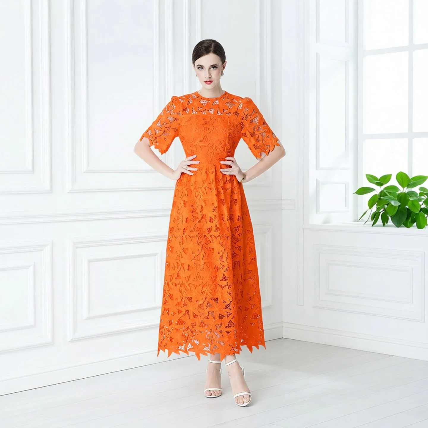 Elegant Gentle Style Orange Lace Hollow Short Sleeve Dress Women's Celebrity Show off Stage Dress Summer Midi Dress A-Line Skirt
Elegant Gentle Style Orange Lace Hollow Short Sleeve Dress Women's Celebrity Show off Stage Dress Summer Midi Dress A-Line Skirt