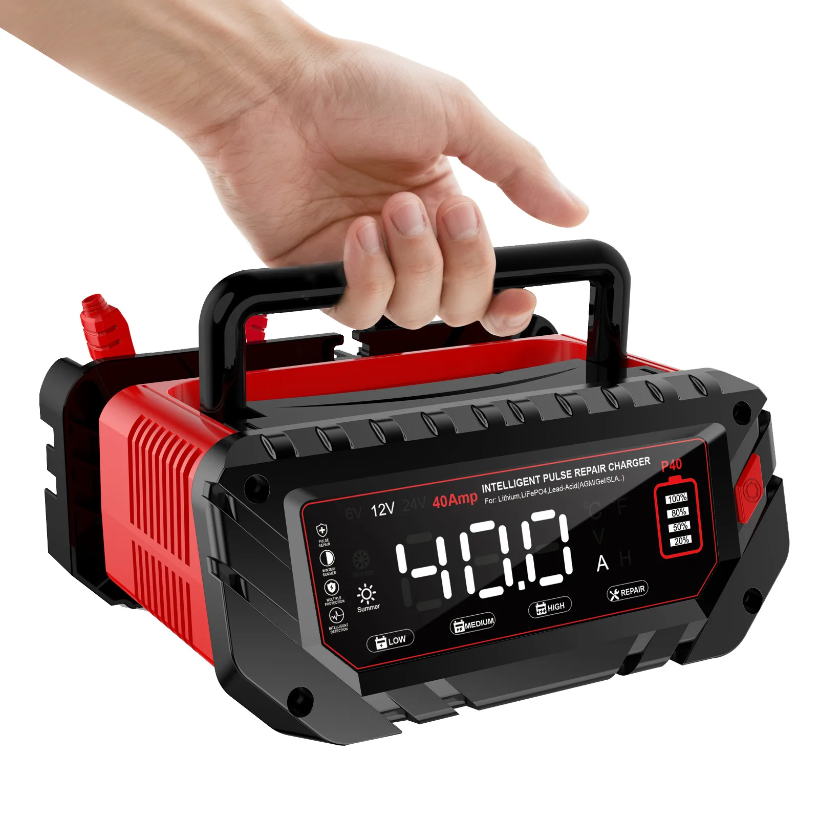 P40 Car and Motorcycle Battery Charger 6V12V24V Lead Acid Battery AGM Intelligent Repair Charging 40A
P40 Car and Motorcycle Battery Charger 6V12V24V Lead Acid Battery AGM Intelligent Repair Charging 40A
