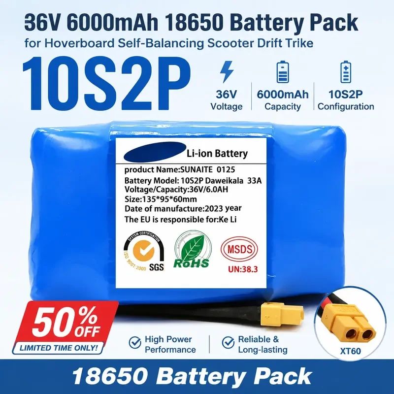 10S2P 36V 6000mAh 18650 Battery Pack for Hoverboard Self-Balancing Scooter Drift Trike High Power Li-ion Rechargeable Battery
10S2P 36V 6000mAh 18650 Battery Pack for Hoverboard Self-Balancing Scooter Drift Trike High Power Li-ion Rechargeable Battery