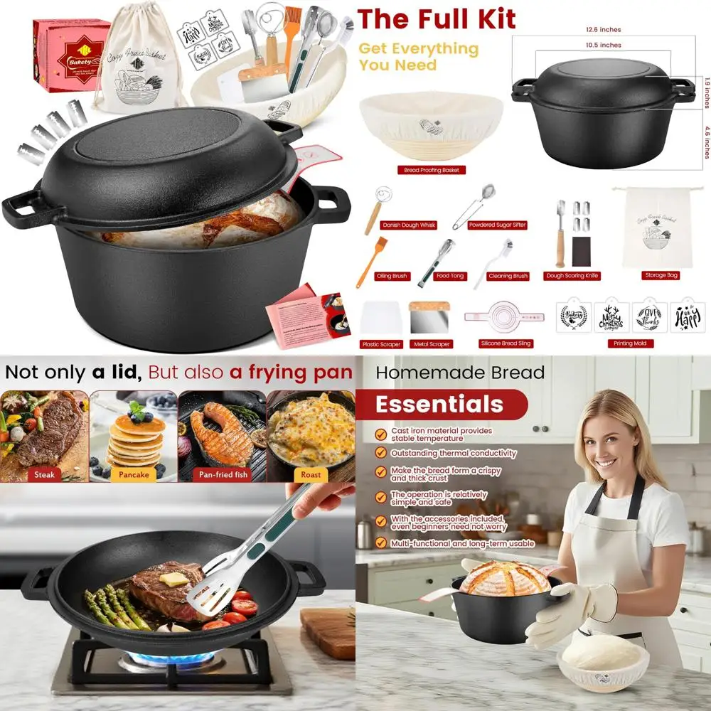 Чугунная голландская духовка для выпечки хлеба с крышкой для сковороды — стартовый комплект на ударе, включая корзину для расстойки и ламме для Perfect Lo
Чугунная голландская духовка для выпечки хлеба с крышкой для сковороды — стартовый комплект на ударе, включая корзину для расстойки и ламме для Perfect Lo