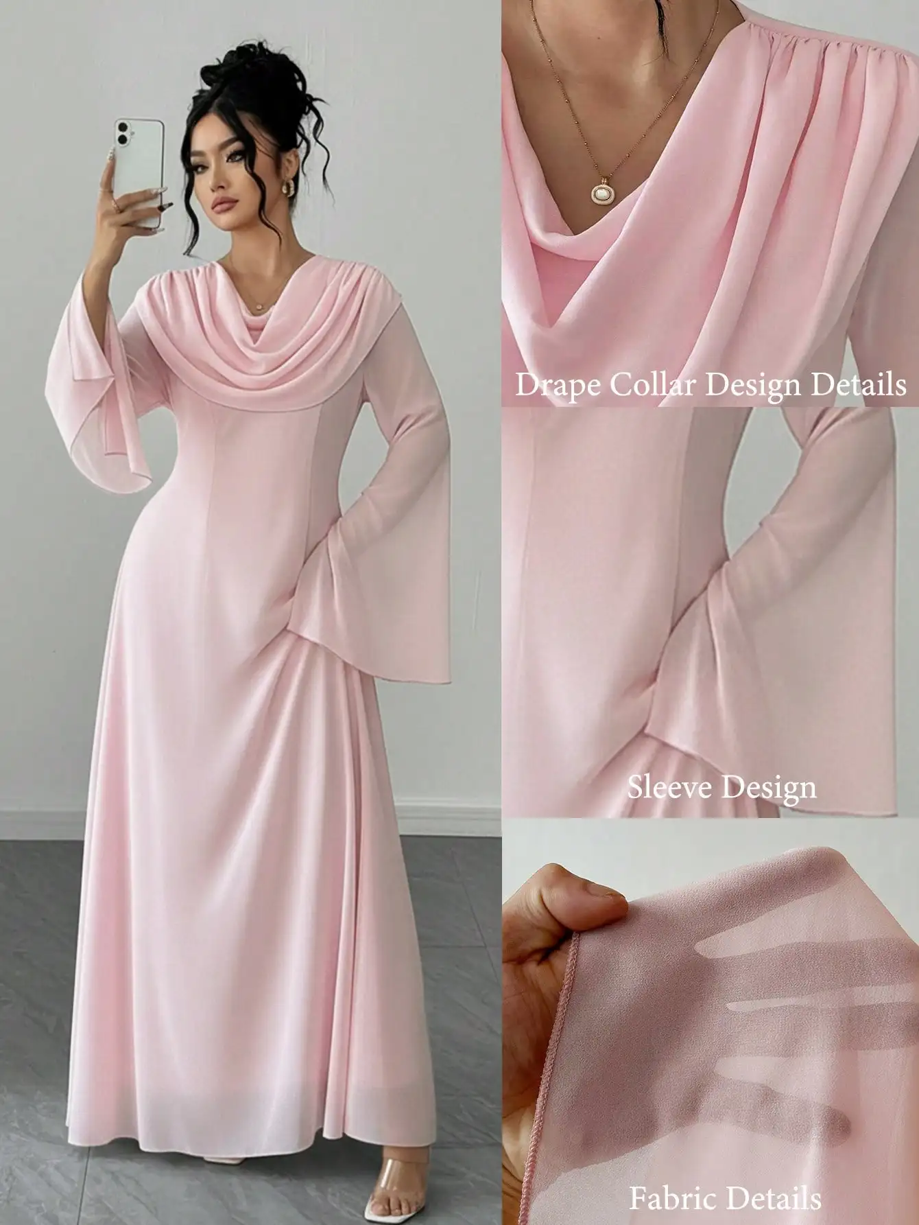 Elegant Pink Long Sleeve Maxi Dress with Draped Cowl Neck and Flared Sleeves
Elegant Pink Long Sleeve Maxi Dress with Draped Cowl Neck and Flared Sleeves