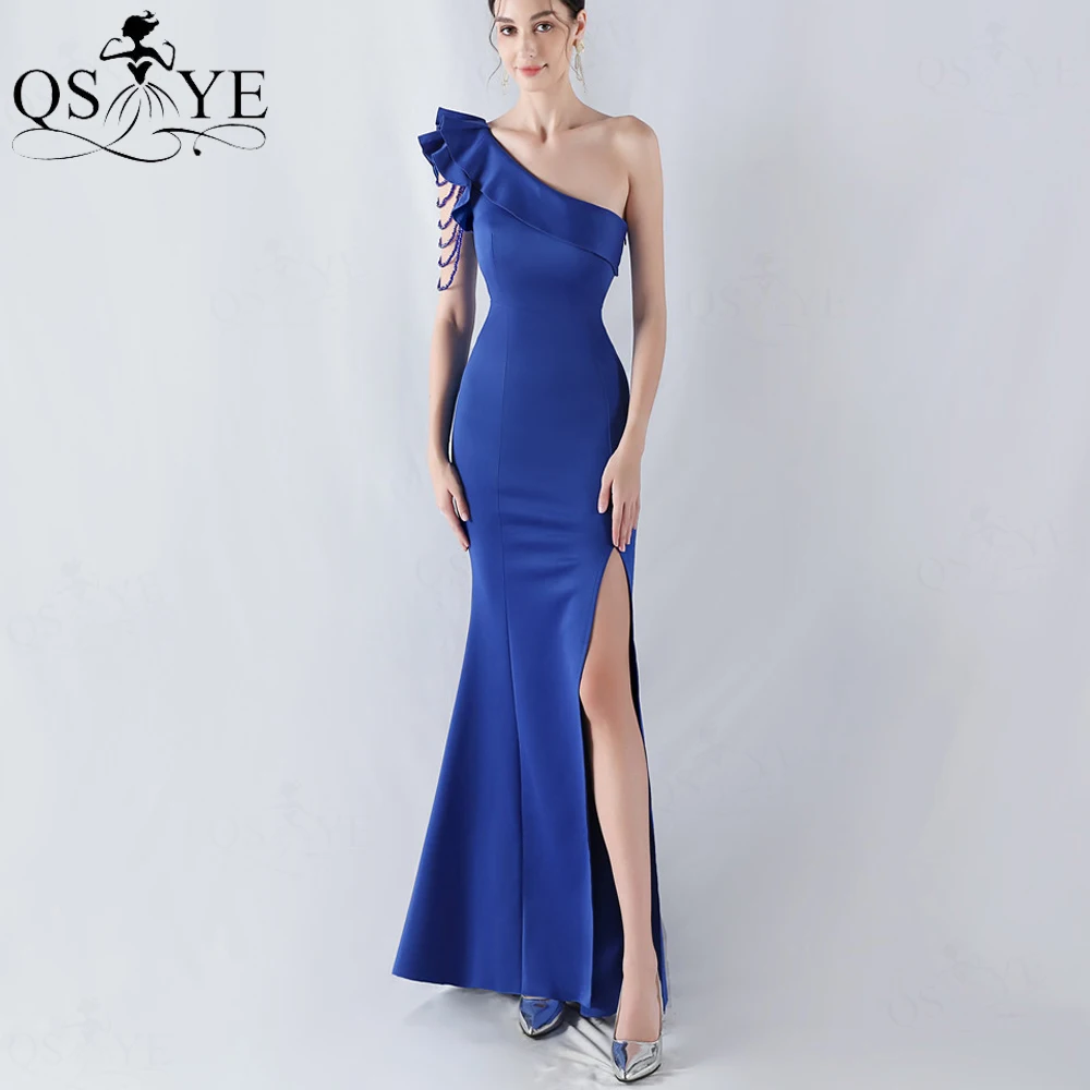 Beading Royal Blue Evening Dress Slit Ruched One Shoulder Prom Gown Strings Stretchable Satin Fitted Elegant Woman Formal Dress
Beading Royal Blue Evening Dress Slit Ruched One Shoulder Prom Gown Strings Stretchable Satin Fitted Elegant Woman Formal Dress