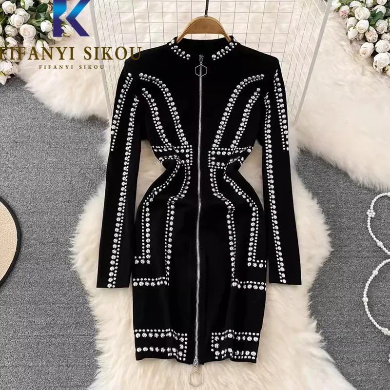 2023 Autumn Black Long Sleeve Dress Women Zipper Fashion Rivet High Waist Mid Long Dress Elegant A-Line Slim Party Dress Female
2023 Autumn Black Long Sleeve Dress Women Zipper Fashion Rivet High Waist Mid Long Dress Elegant A-Line Slim Party Dress Female
