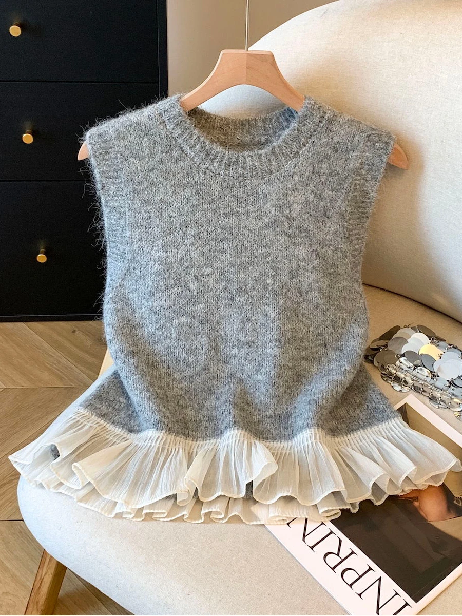 Korean Sle ort Knitted Sweater Vest Women's Early Autumn New Design Meticulous Splicing Hemline Fem Jaet Top
Korean Sle ort Knitted Sweater Vest Women's Early Autumn New Design Meticulous Splicing Hemline Fem Jaet Top