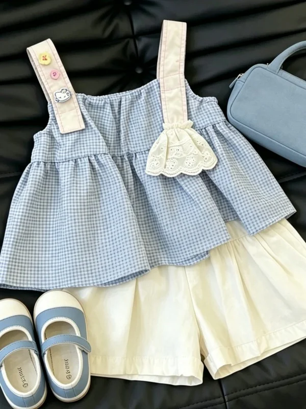 Cute Plaid Strap Summer Outfit for Girls Breathable Short Sleeve Top And Short Pants Two Piece Set Fashionable And
Cute Plaid Strap Summer Outfit for Girls Breathable Short Sleeve Top And Short Pants Two Piece Set Fashionable And