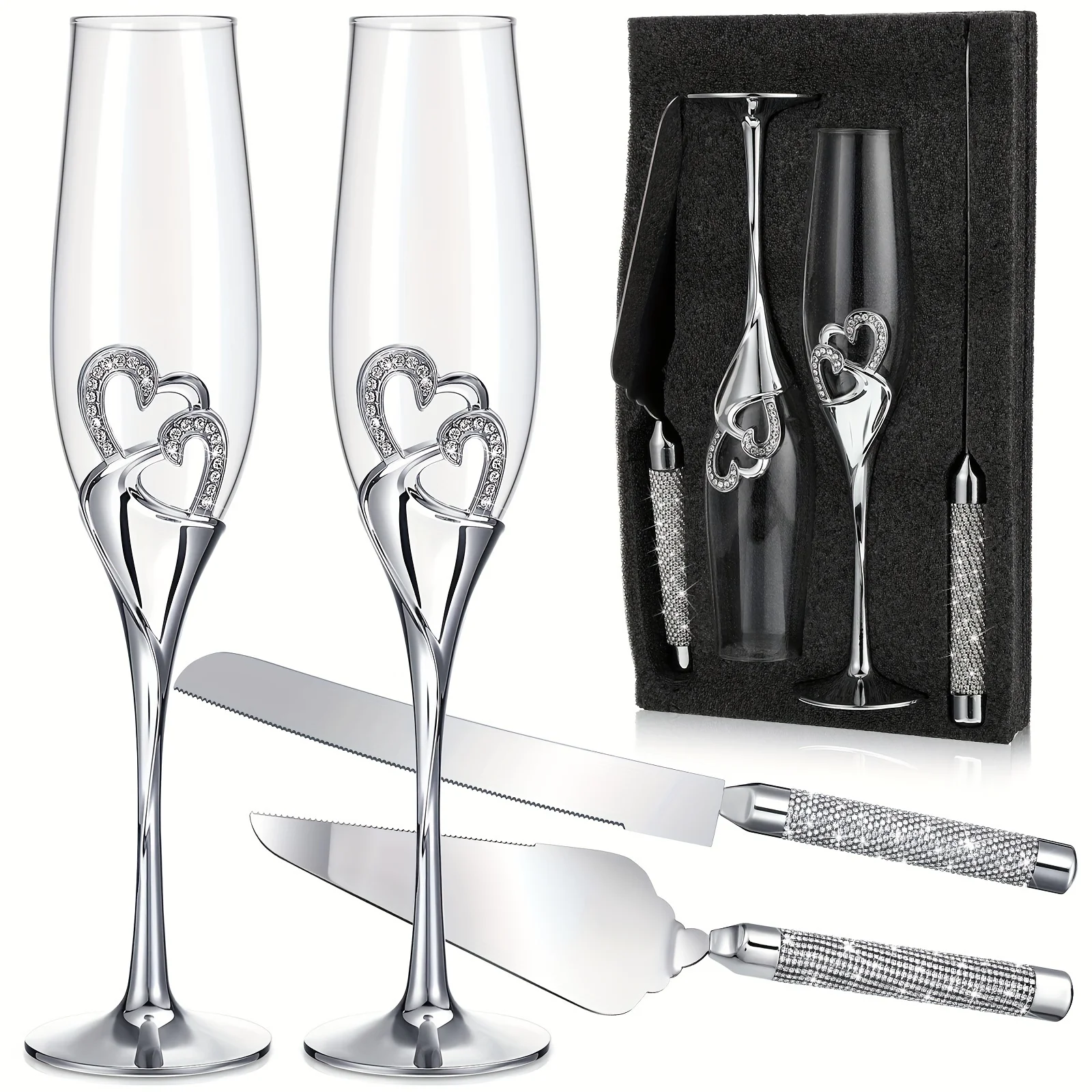 Wedding Champagne Flutes And Cake Knife Server Set Toasting Glasses Toasting Champagne Flutes with Rhinestone Rimmed
Wedding Champagne Flutes And Cake Knife Server Set Toasting Glasses Toasting Champagne Flutes with Rhinestone Rimmed