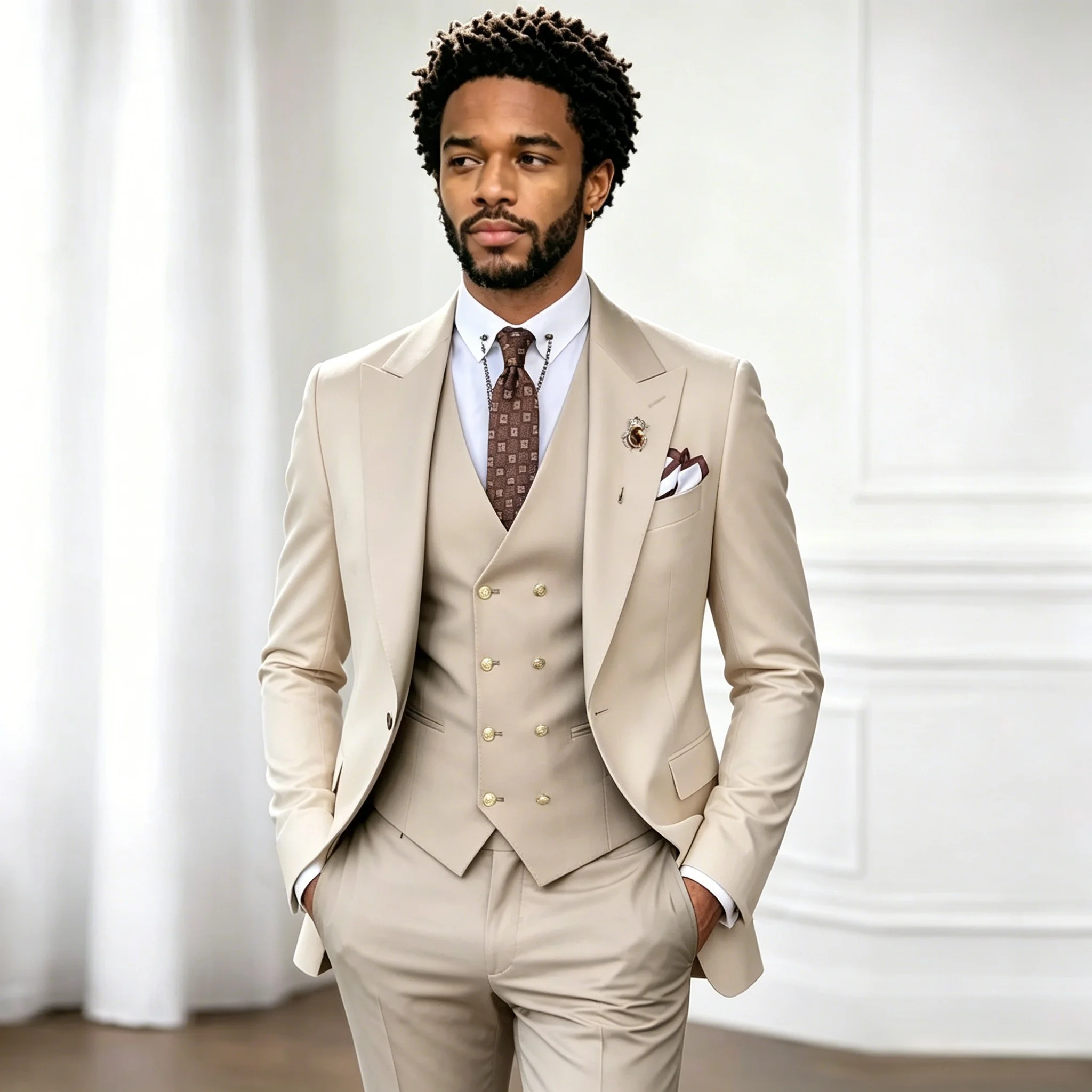 Beige Business Suits For Men Tuxedos Gold Buttons Groom Groomsman Prom Wedding Party Formal 3 Pieces Sets Jacket Vest Pants
Beige Business Suits For Men Tuxedos Gold Buttons Groom Groomsman Prom Wedding Party Formal 3 Pieces Sets Jacket Vest Pants