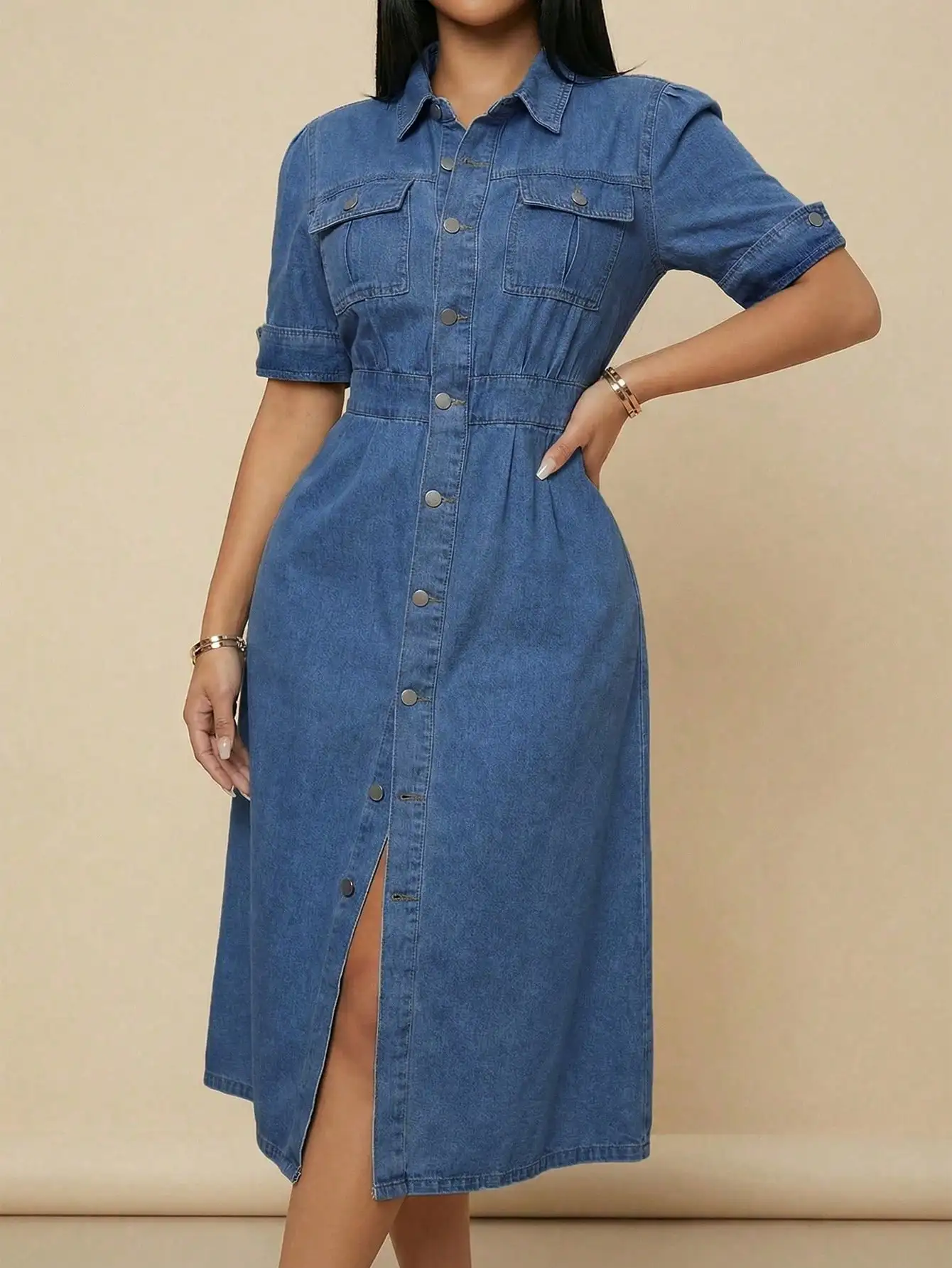 Women's Denim Midi Shirt Dress With Button Front Chest Pockets Retro Casual Dress
Women's Denim Midi Shirt Dress With Button Front Chest Pockets Retro Casual Dress