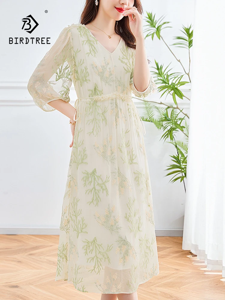 BirdTree, 100%Real Silk Elegant Dress, Women Long Sleeve V Neck Embroidery, Vacation Beach Dresses, 2024 Summer Autumn D46785QC
BirdTree, 100%Real Silk Elegant Dress, Women Long Sleeve V Neck Embroidery, Vacation Beach Dresses, 2024 Summer Autumn D46785QC