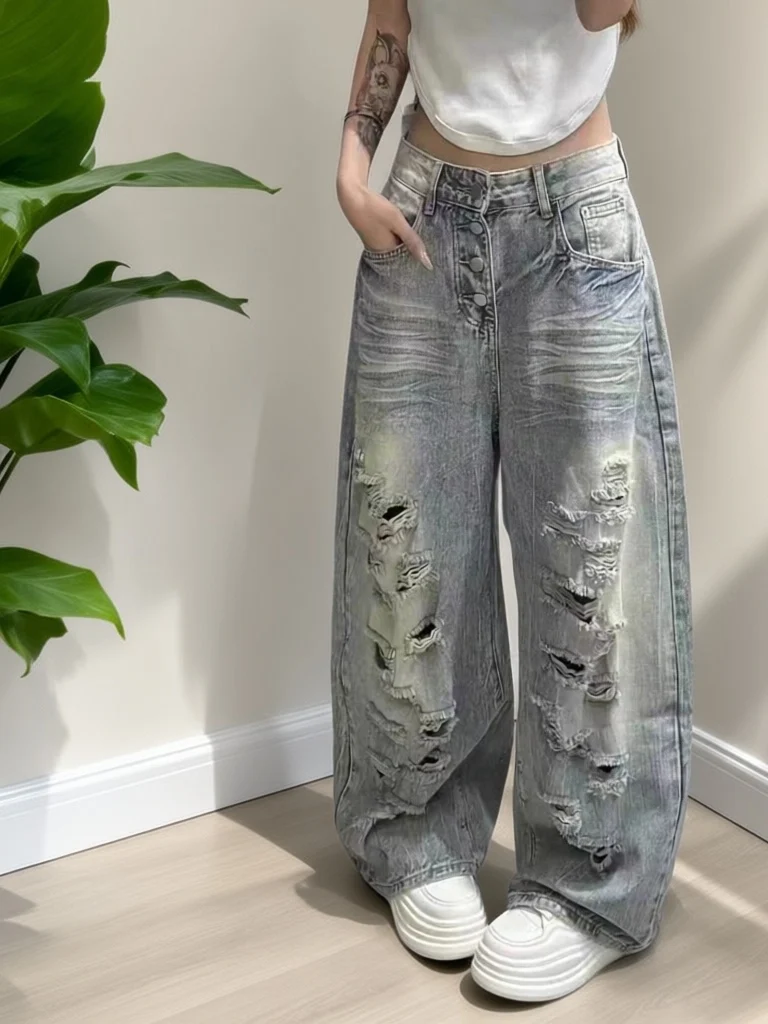 Retro High Waist Slimming Denim Jeans Casual Hole Punch Wide Leg Pants Versatile Summer New Arrival for Young Women
Retro High Waist Slimming Denim Jeans Casual Hole Punch Wide Leg Pants Versatile Summer New Arrival for Young Women