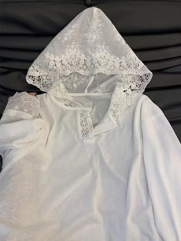 White Lace Splice Long Sleeve T-Shirt Women's Early Autumn New Loose Design Sweet Casual Top Korean Style Hooded Sweatshirt
White Lace Splice Long Sleeve T-Shirt Women's Early Autumn New Loose Design Sweet Casual Top Korean Style Hooded Sweatshirt