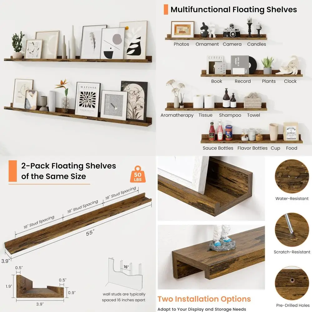 Set of 2, 55 Rustic Brown Wood Floating Shelves with Lip, Wall Storage for Home Decor and Photo Display
Set of 2, 55 Rustic Brown Wood Floating Shelves with Lip, Wall Storage for Home Decor and Photo Display