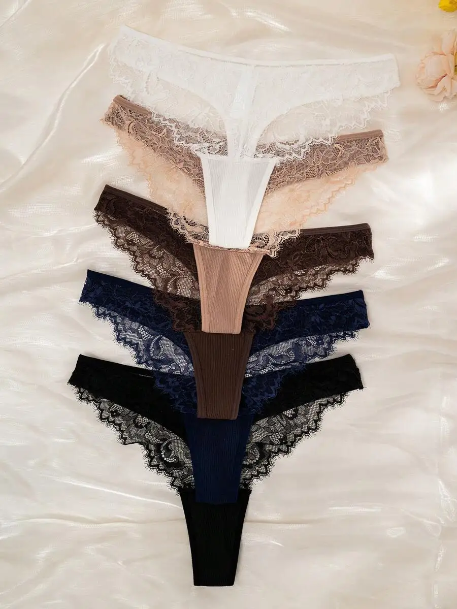 5pcs Lace Patchwork Ribbed Thong Panties For Women
5pcs Lace Patchwork Ribbed Thong Panties For Women