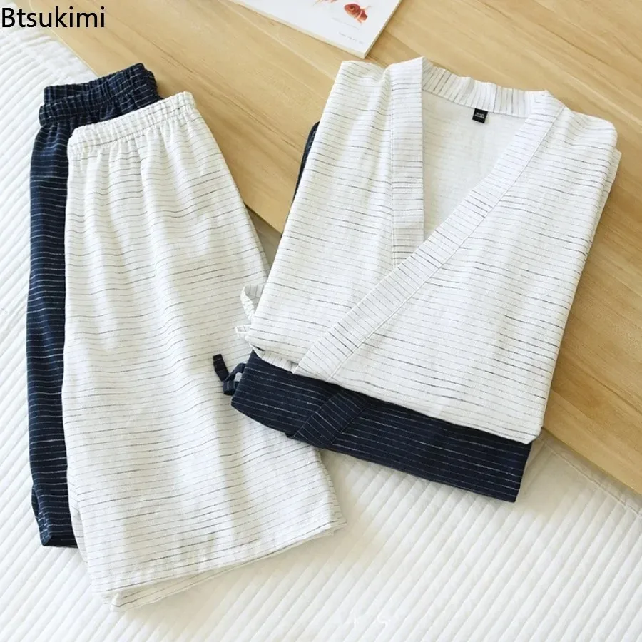 2026 Japanese Kimono Pajama Sets Men's Stripe Jacquard Loose 100% Cotton Short Sleeve Lace-up Tops+Shorts Home Sleepwear Outfits
2026 Japanese Kimono Pajama Sets Men's Stripe Jacquard Loose 100% Cotton Short Sleeve Lace-up Tops+Shorts Home Sleepwear Outfits