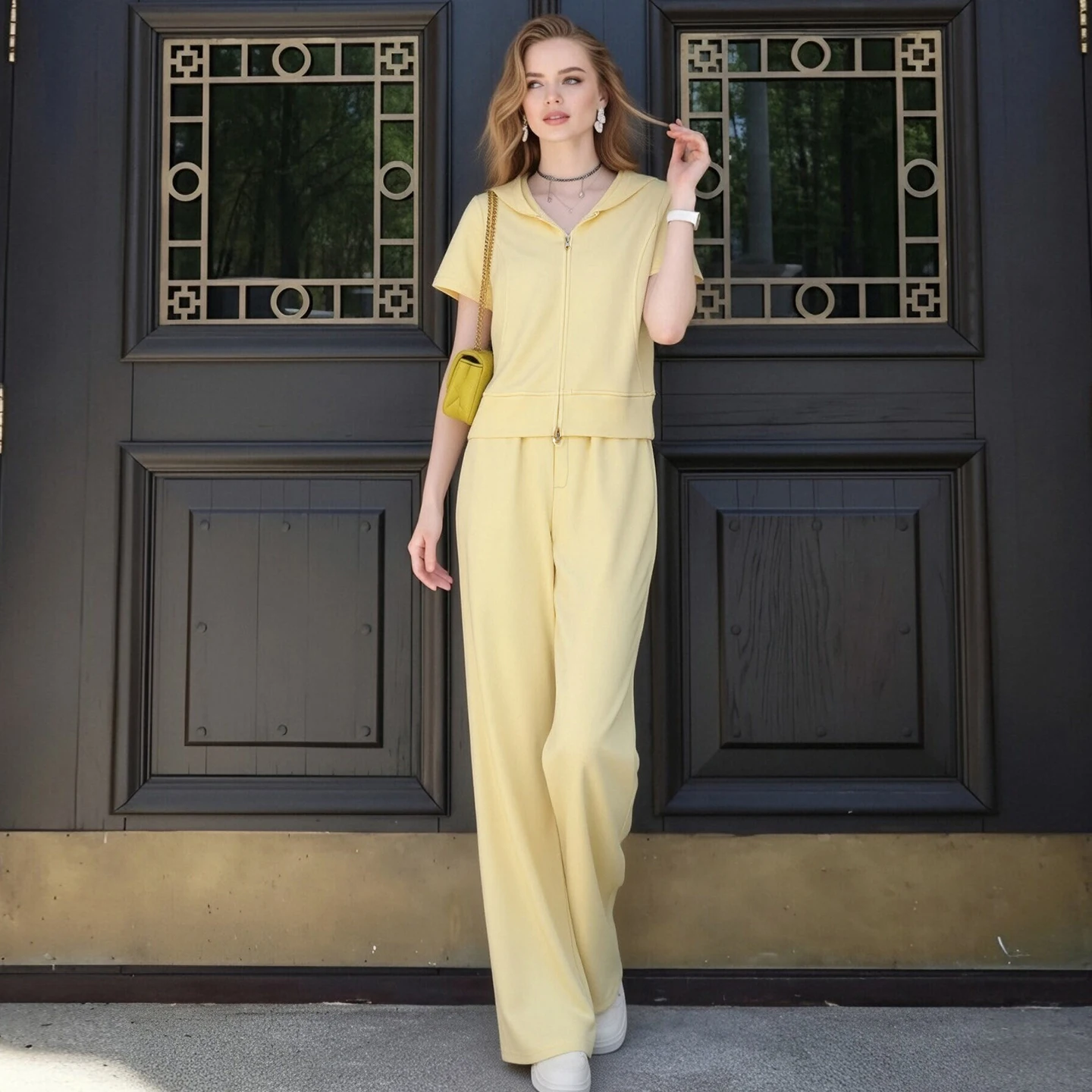 2026 Summer New Vibe Yellow Casual Two-Piece Set, Women's Hooded Zipper Short Sleeve Top & Wide Leg Pants, Energetic Style Outfi
2026 Summer New Vibe Yellow Casual Two-Piece Set, Women's Hooded Zipper Short Sleeve Top & Wide Leg Pants, Energetic Style Outfi