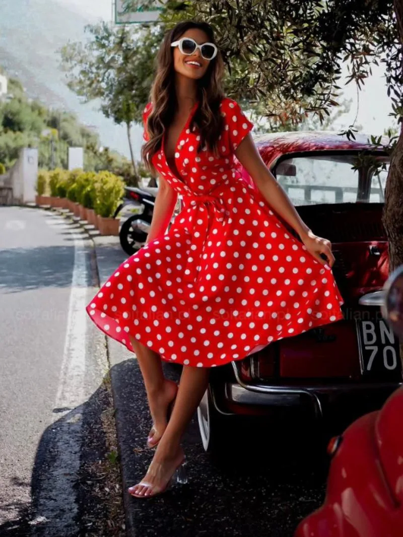 Vintage Polka Dot Print Harajuku Midi Dress V-neck Tie Waist Print Dr Faionable Summer High Waist A-Line Lace-up Dress for Women
Vintage Polka Dot Print Harajuku Midi Dress V-neck Tie Waist Print Dr Faionable Summer High Waist A-Line Lace-up Dress for Women
