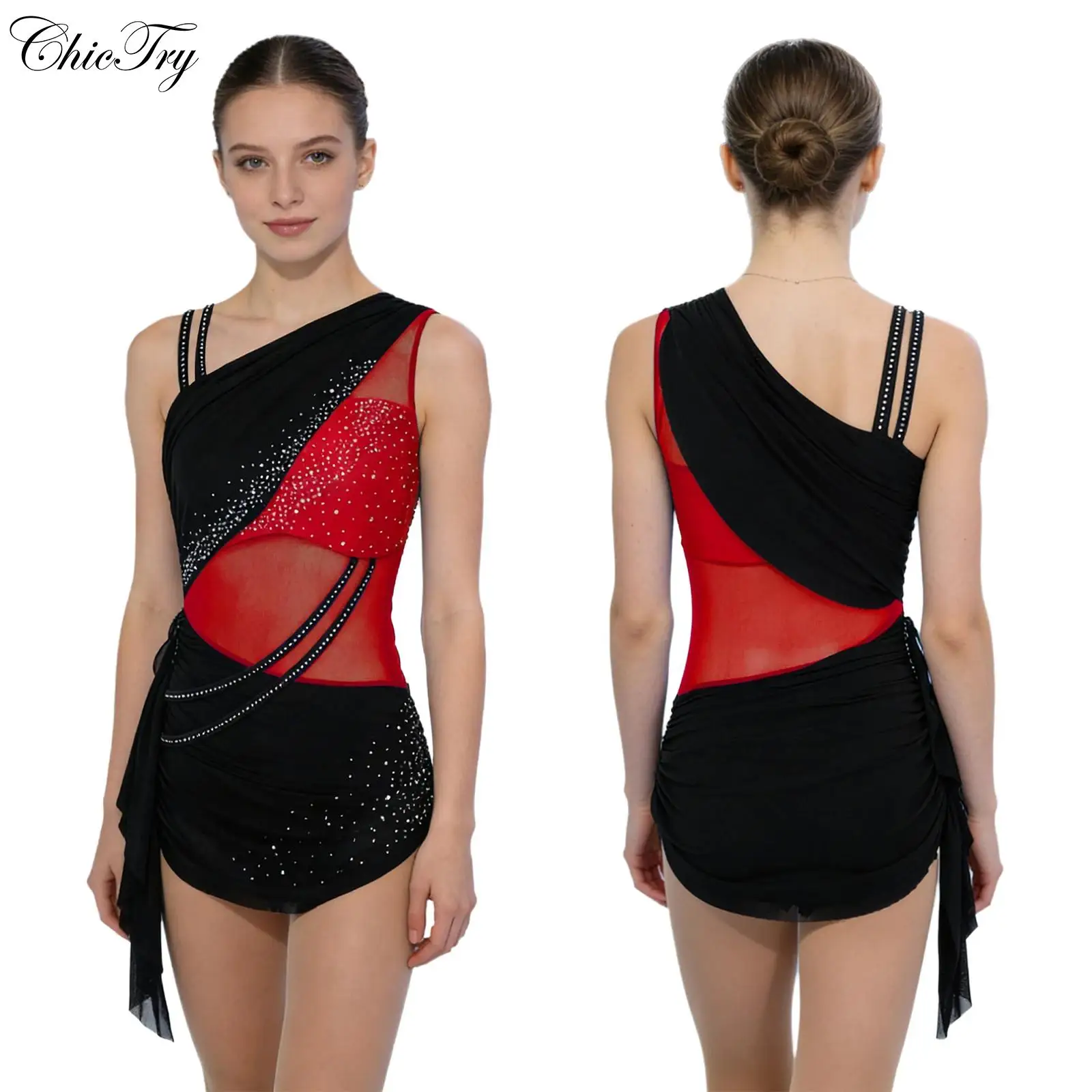 Womens Figure Skating Bodysuit Asymmetrical Shoulders Rhinestones Ruched Skirt Buttoned Crotch Jumpsuit for Gymnastics Dancewear
Womens Figure Skating Bodysuit Asymmetrical Shoulders Rhinestones Ruched Skirt Buttoned Crotch Jumpsuit for Gymnastics Dancewear