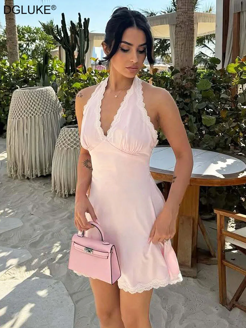 DGLUKE Deep V-Neck Mini Satin Dresses Woman Halter Backless Sexy Summer Dress Lace Trim Fit And Flare Night Club Dress
DGLUKE Deep V-Neck Mini Satin Dresses Woman Halter Backless Sexy Summer Dress Lace Trim Fit And Flare Night Club Dress