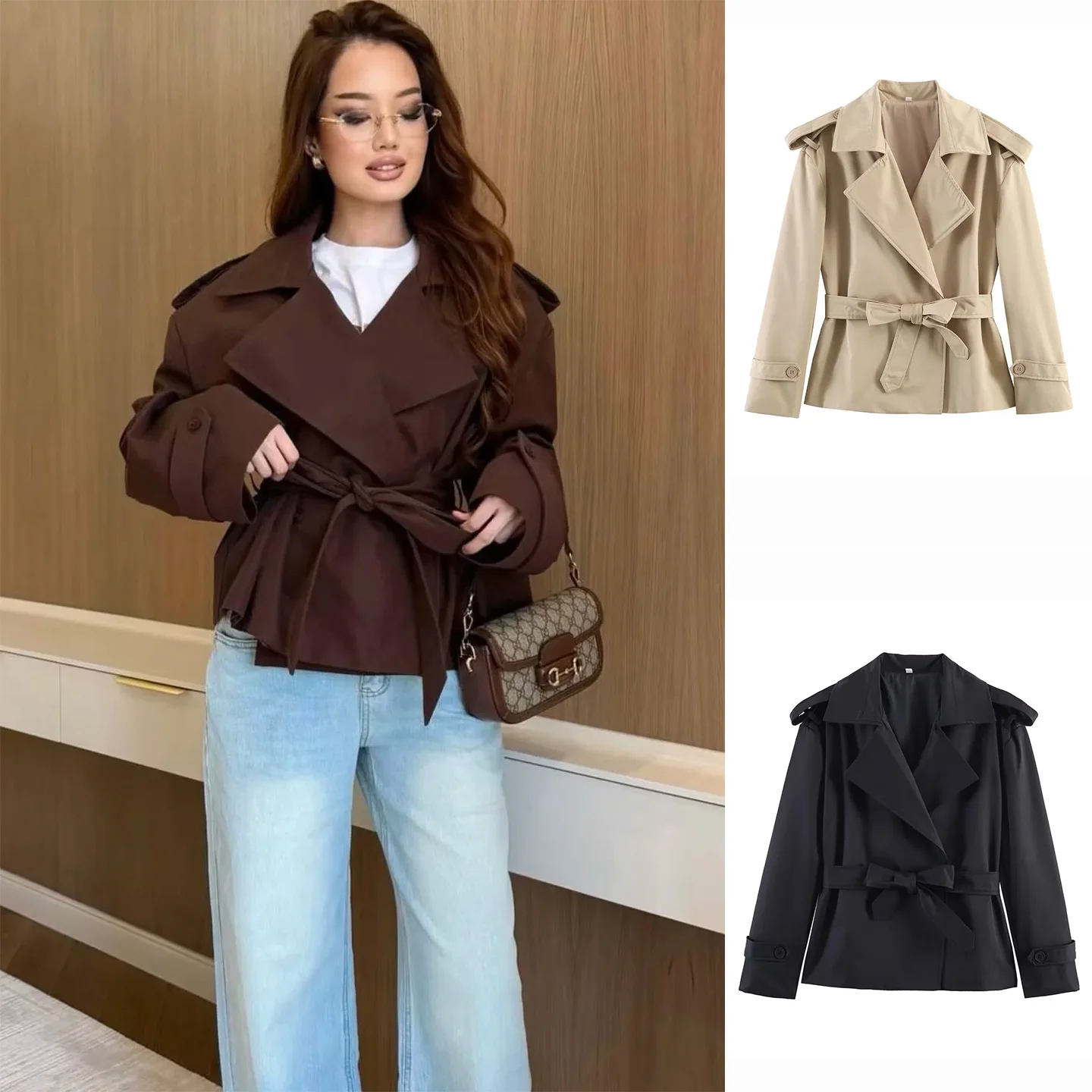Spring 2026 Women's British Style Short Coat Jacket with Belt Double Breasted Long Sleeve High Collar Knot Design P...
Spring 2026 Women's British Style Short Coat Jacket with Belt Double Breasted Long Sleeve High Collar Knot Design P...