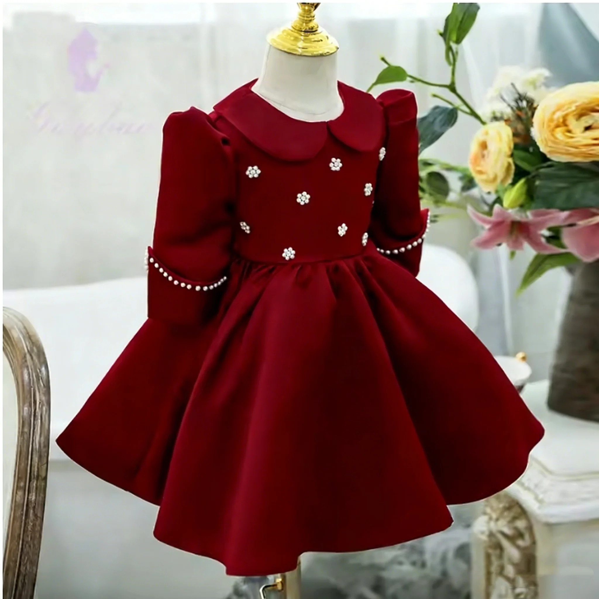 Custom Burgundy Flower Girl Dress Satin Pearl Embellishments Bow Doll Collar Children's First Communion Birthday Party Dress
Custom Burgundy Flower Girl Dress Satin Pearl Embellishments Bow Doll Collar Children's First Communion Birthday Party Dress