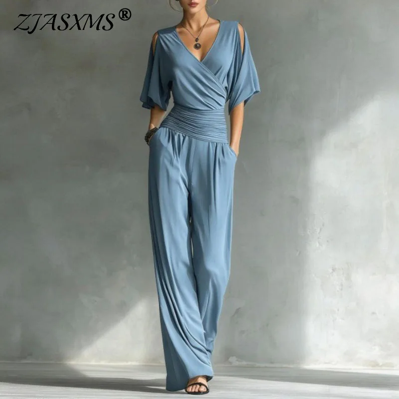 Summer Short Sleeve Vacation Beach Jumpsuits Woman Sexy V Neck High Waist Pleated Romper Spring Solid Pocket Long Pants Overalls
Summer Short Sleeve Vacation Beach Jumpsuits Woman Sexy V Neck High Waist Pleated Romper Spring Solid Pocket Long Pants Overalls