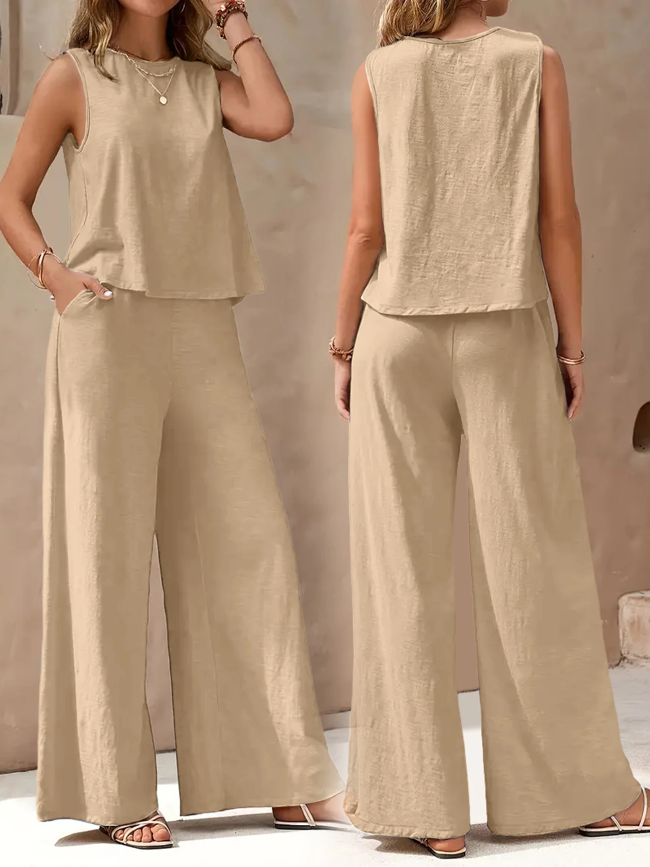 Popular! Women's Sleeveless Crop Top And Wide-Leg Pants Set, Breathable Fabric, Versatile for Vacation And Daily Outfit, Casual Summer Outfit
Popular! Women's Sleeveless Crop Top And Wide-Leg Pants Set, Breathable Fabric, Versatile for Vacation And Daily Outfit, Casual Summer Outfit