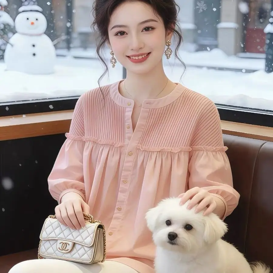 Simple Style Lantern Sleeve Shirt Women's Loose Fit round Neck Button up Top Summer New Arrival Slimming Effect Knitted Blouse
Simple Style Lantern Sleeve Shirt Women's Loose Fit round Neck Button up Top Summer New Arrival Slimming Effect Knitted Blouse