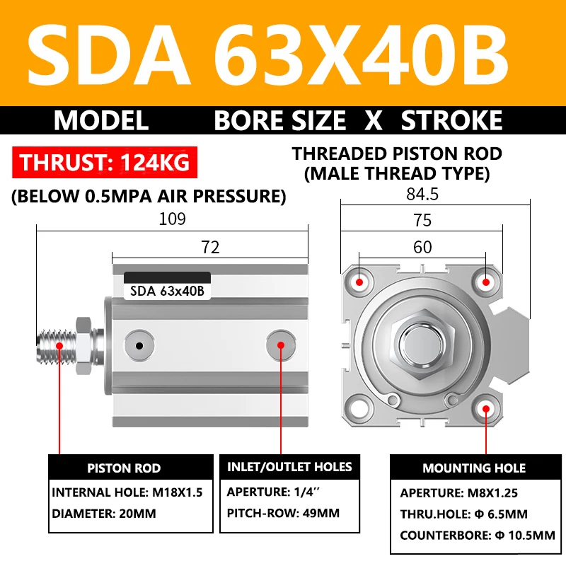 ABILKEEN SDA63X40B SDA Series Thin Air Cylinder 63MM Male Thread Bore X 40MM Stroke Double Acting Pneumatic Compact Cylinder
ABILKEEN SDA63X40B SDA Series Thin Air Cylinder 63MM Male Thread Bore X 40MM Stroke Double Acting Pneumatic Compact Cylinder