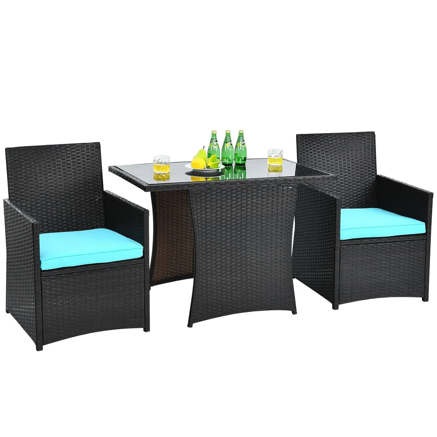 3 Piece Patio Bistro Set Wicker Rattan Table & Chairs Tempered Glass Cushions Balcony Porch Backyard 24in Turquoise, Customized
3 Piece Patio Bistro Set Wicker Rattan Table & Chairs Tempered Glass Cushions Balcony Porch Backyard 24in Turquoise, Customized