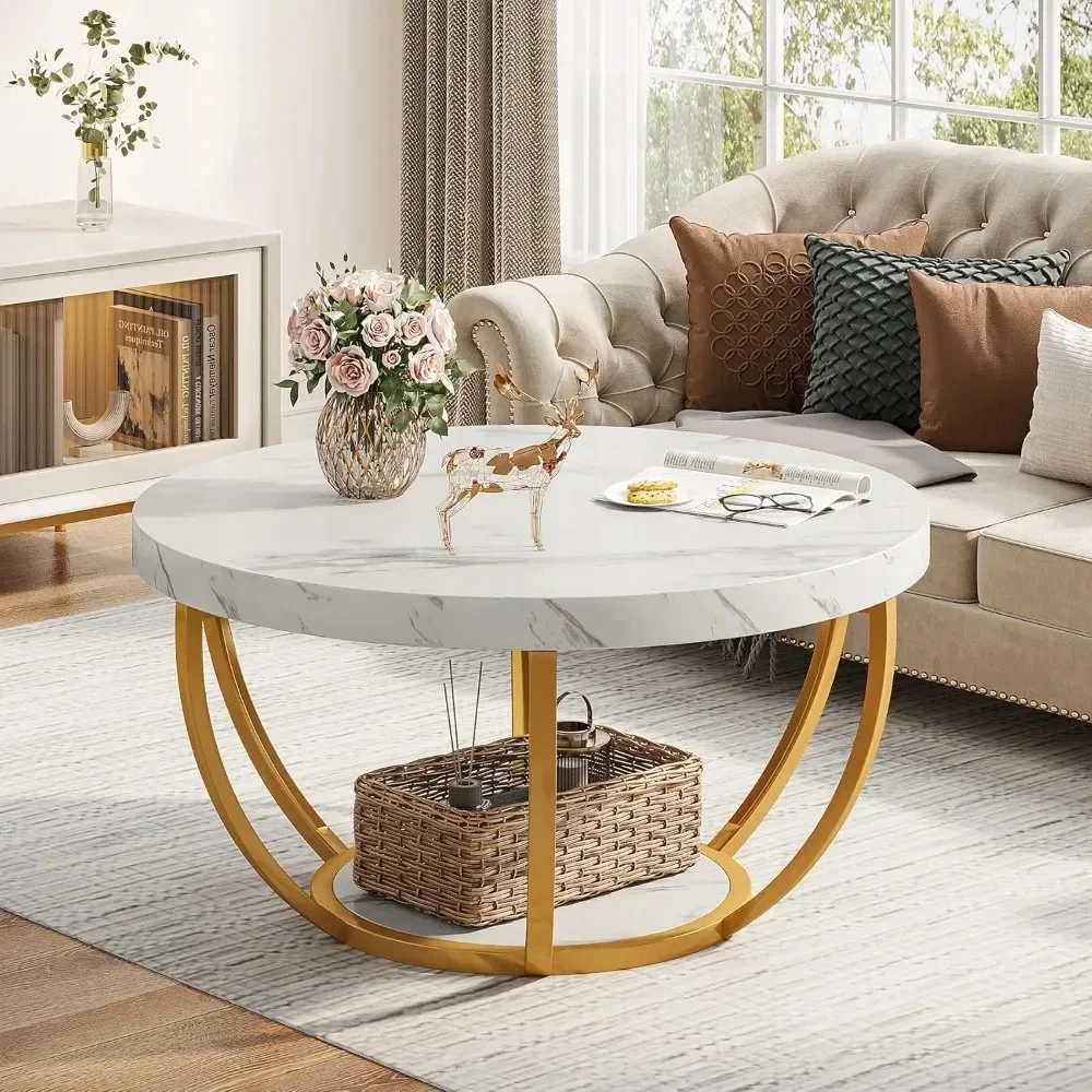Modern Coffee Table, 2 Tier Round Coffee Table with Faux White Marble and Golden Metal Legs, Circle Center Table Tea
Modern Coffee Table, 2 Tier Round Coffee Table with Faux White Marble and Golden Metal Legs, Circle Center Table Tea