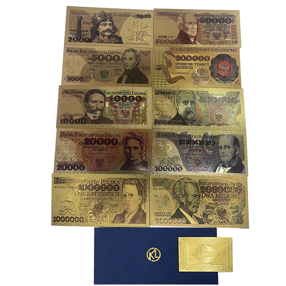 10 types Poland Gold Banknotes 10000/200000/100000/500000 PLN for Collection European travelling Gift
10 types Poland Gold Banknotes 10000/200000/100000/500000 PLN for Collection European travelling Gift