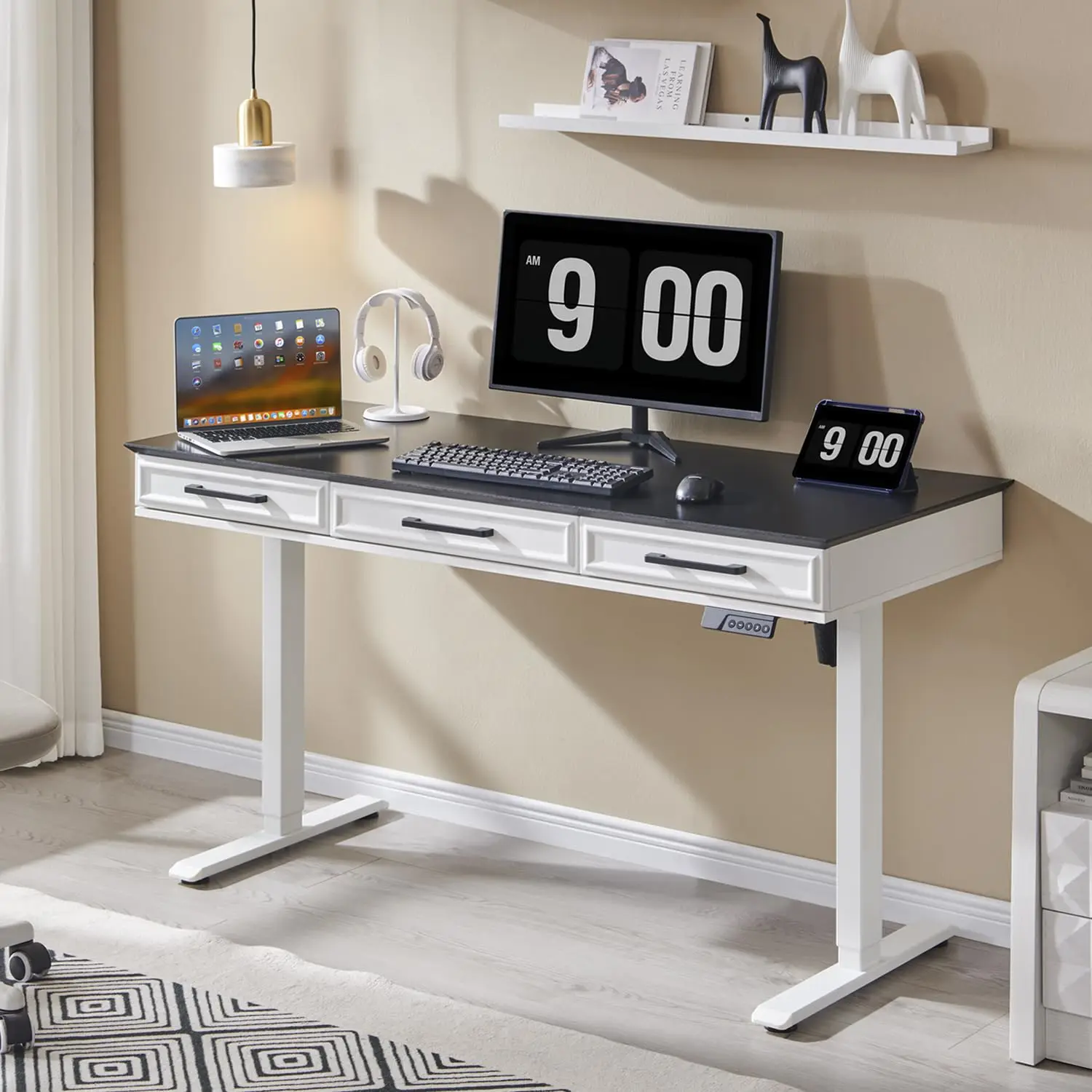 55x22 Inch Electric Standing Desk with One-Piece Desktop, Adjustable Height Computer Desk with 3 Storage Drawers & Power Outlets
55x22 Inch Electric Standing Desk with One-Piece Desktop, Adjustable Height Computer Desk with 3 Storage Drawers & Power Outlets