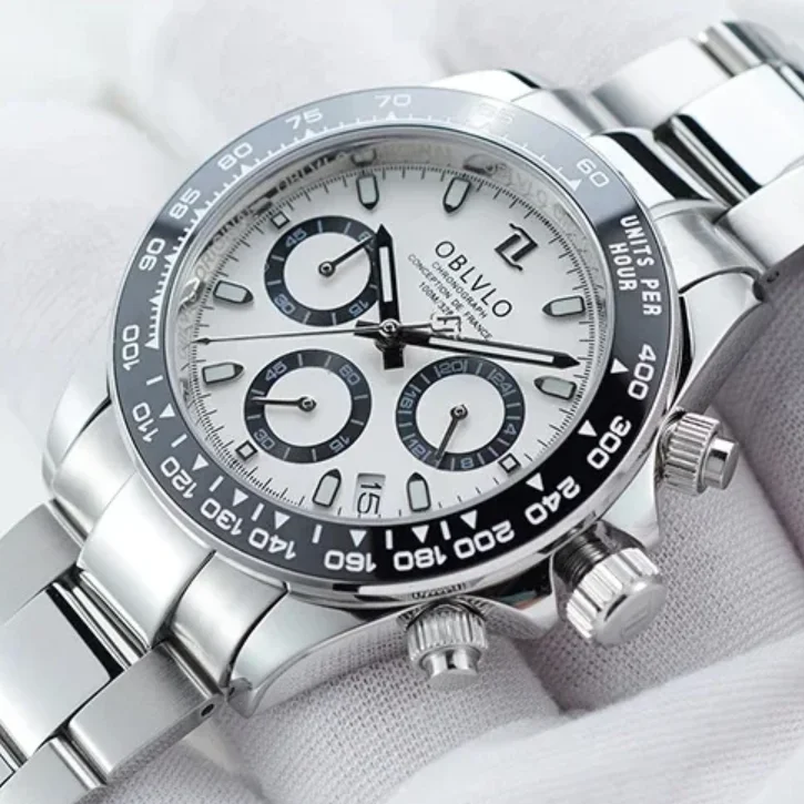 OBLVLO Men Chronograph Watch 40MM Quartz Wristwatch Sapphire Mirror 5Bar Waterproof Luminous Ceramic Bezel Triple Windows VK63
OBLVLO Men Chronograph Watch 40MM Quartz Wristwatch Sapphire Mirror 5Bar Waterproof Luminous Ceramic Bezel Triple Windows VK63