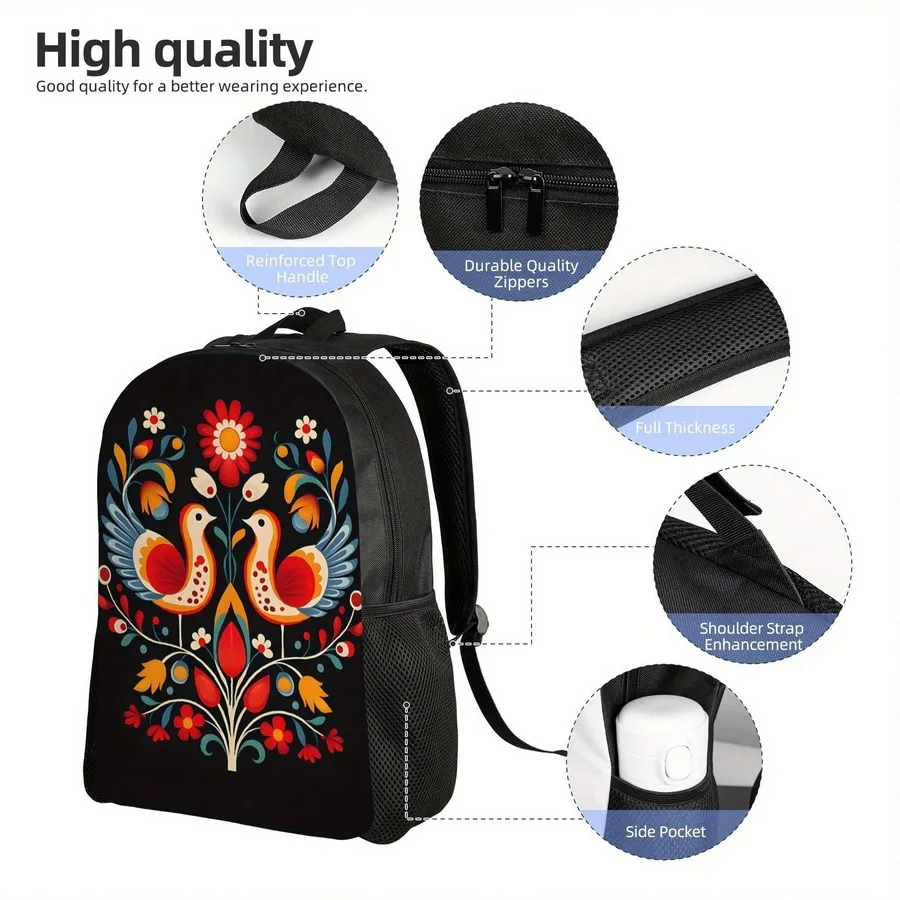 Hungarian Folk Art Backpack With Floral Bird Print, Adjustable Straps, Durable Polyester For Travel School Casual Use
Hungarian Folk Art Backpack With Floral Bird Print, Adjustable Straps, Durable Polyester For Travel School Casual Use