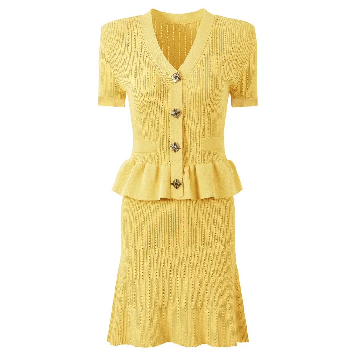 Yellow High-quality Summer New Fashionable Knitted V-neck Ruffle Hem Slim Fit Short Sleeved Casual Women's Dress Summer
Yellow High-quality Summer New Fashionable Knitted V-neck Ruffle Hem Slim Fit Short Sleeved Casual Women's Dress Summer