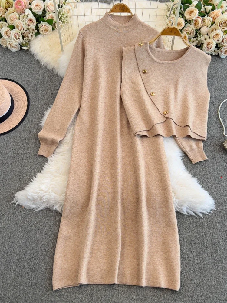 Women Vintage Two Piece Sets Autumn Winter Long Sleeve Knitted Sweater Dress+Turtleneck Vest Elegant Suits Solid Formal Suits
Women Vintage Two Piece Sets Autumn Winter Long Sleeve Knitted Sweater Dress+Turtleneck Vest Elegant Suits Solid Formal Suits