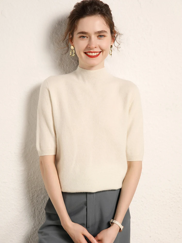 Women's Mock Neck Goat Cashmere Sweater T-shirt Pullover Autumn Winter Half Sleeve 100% Cashmere Knitwear Classic Solid Tops
Women's Mock Neck Goat Cashmere Sweater T-shirt Pullover Autumn Winter Half Sleeve 100% Cashmere Knitwear Classic Solid Tops