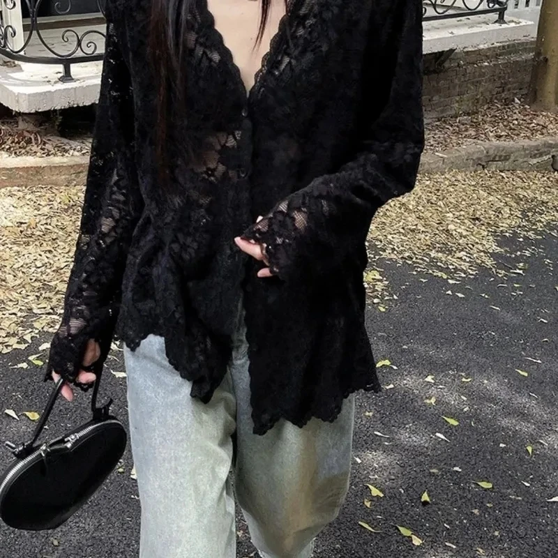 Casual Loose Transparent Black White Lace Shirts Blouses Women Sexy V-neck Sheer Button Top Summer Long Sleeve Cover Up Cardigan
Casual Loose Transparent Black White Lace Shirts Blouses Women Sexy V-neck Sheer Button Top Summer Long Sleeve Cover Up Cardigan