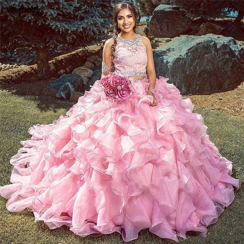 Two Pieces Pink Ruffles Quinceanera Dresses for 15 Year Girl Lace Beaded Ball Gown Organza Tiered Formal Long Prom Party Dress
Two Pieces Pink Ruffles Quinceanera Dresses for 15 Year Girl Lace Beaded Ball Gown Organza Tiered Formal Long Prom Party Dress