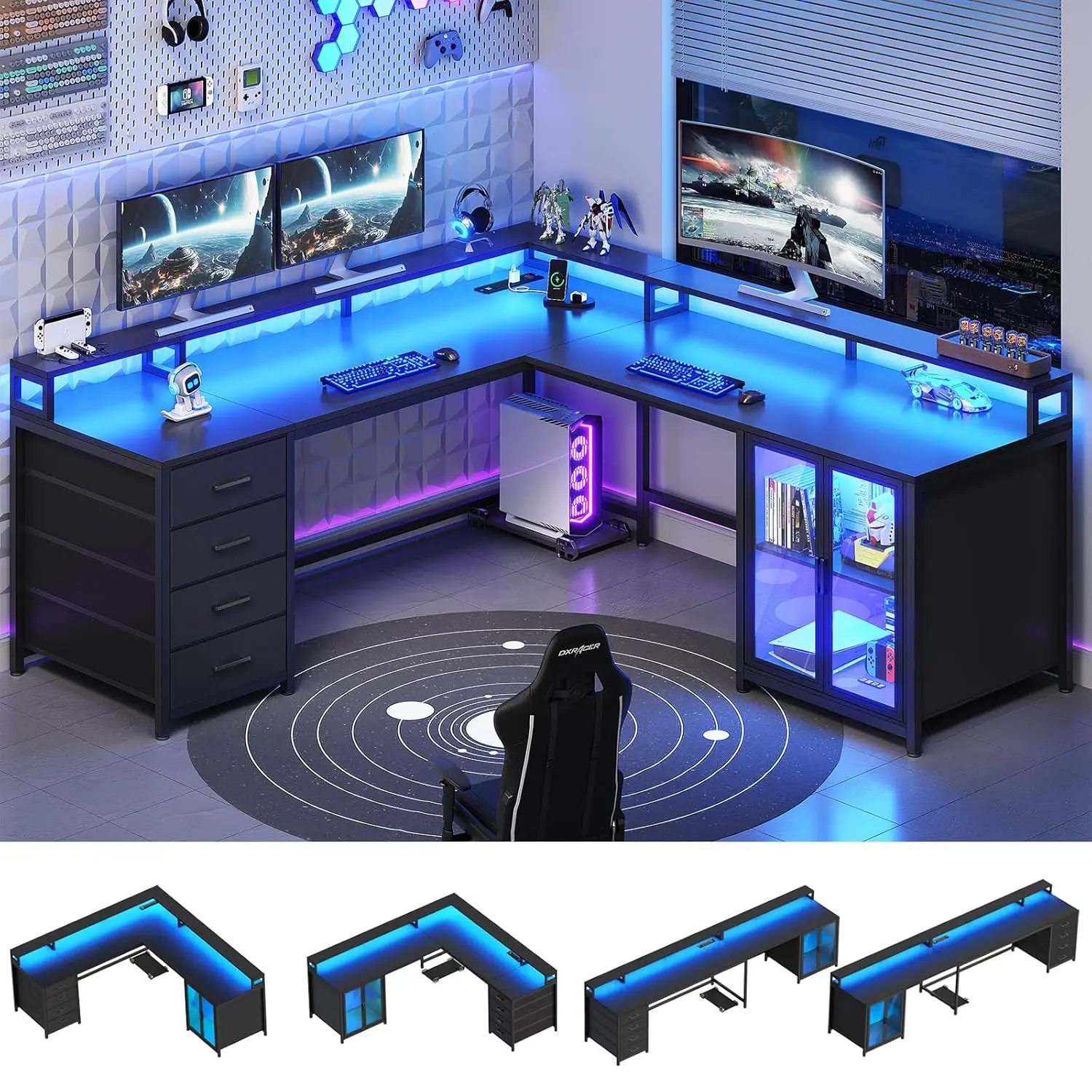 L Shaped Gaming Desk with 4 Drawers, 109” Computer Desk with Display Cabinet, Home Office Desks with 2 Monitor, Customized
L Shaped Gaming Desk with 4 Drawers, 109” Computer Desk with Display Cabinet, Home Office Desks with 2 Monitor, Customized