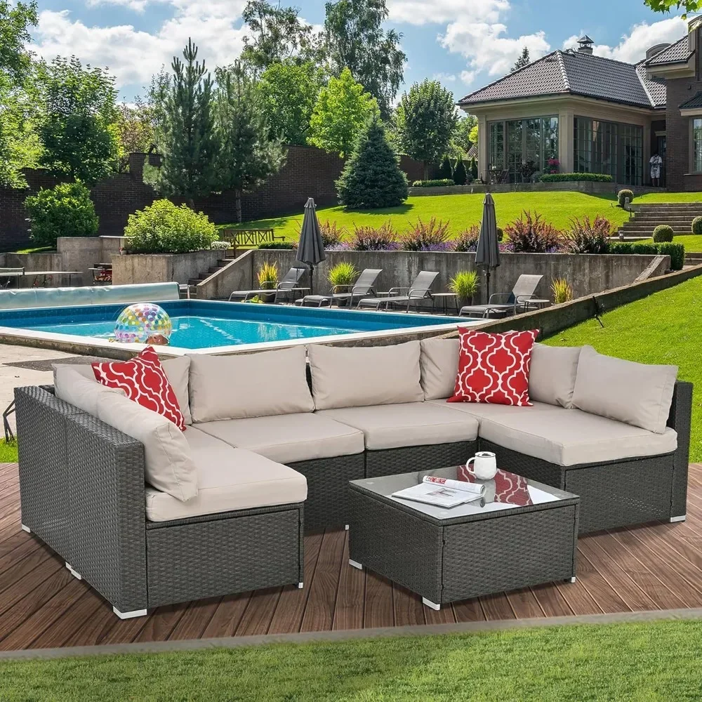 7 Piece Patio Furniture Set, Patio Sectional Furniture Set, Wicker Outdoor Sectional Sofa with Cushion, Pillow and Coffee Table
7 Piece Patio Furniture Set, Patio Sectional Furniture Set, Wicker Outdoor Sectional Sofa with Cushion, Pillow and Coffee Table
