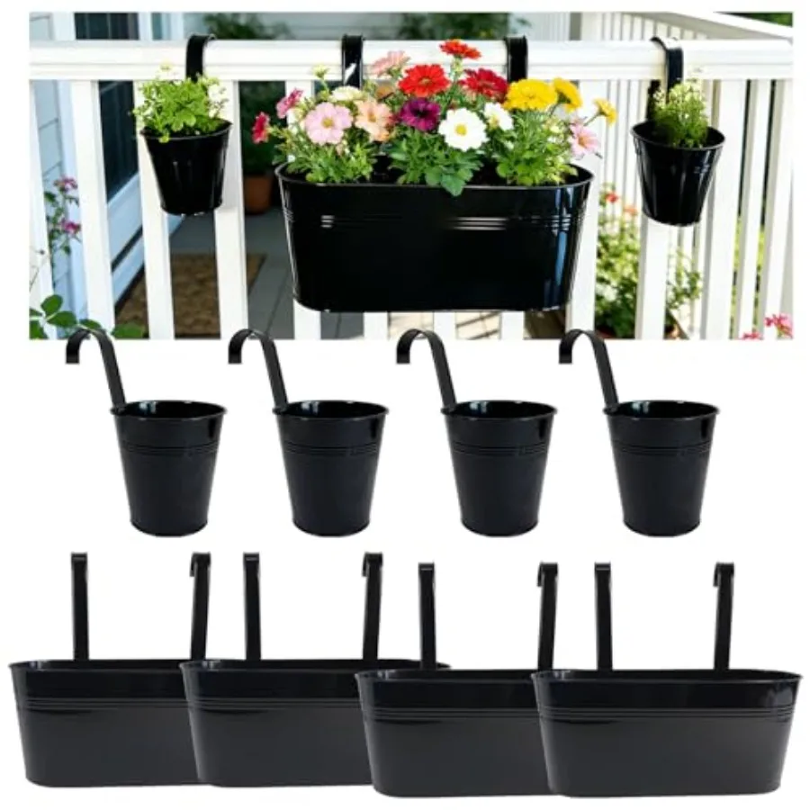 Set of 8 Outdoor Metal Railing Planters Box - 4 Pcs 5.12" Round Balcony Hanging Planter and 4 Pcs 17" Oval Fence Pot with Detac
Set of 8 Outdoor Metal Railing Planters Box - 4 Pcs 5.12" Round Balcony Hanging Planter and 4 Pcs 17" Oval Fence Pot with Detac
