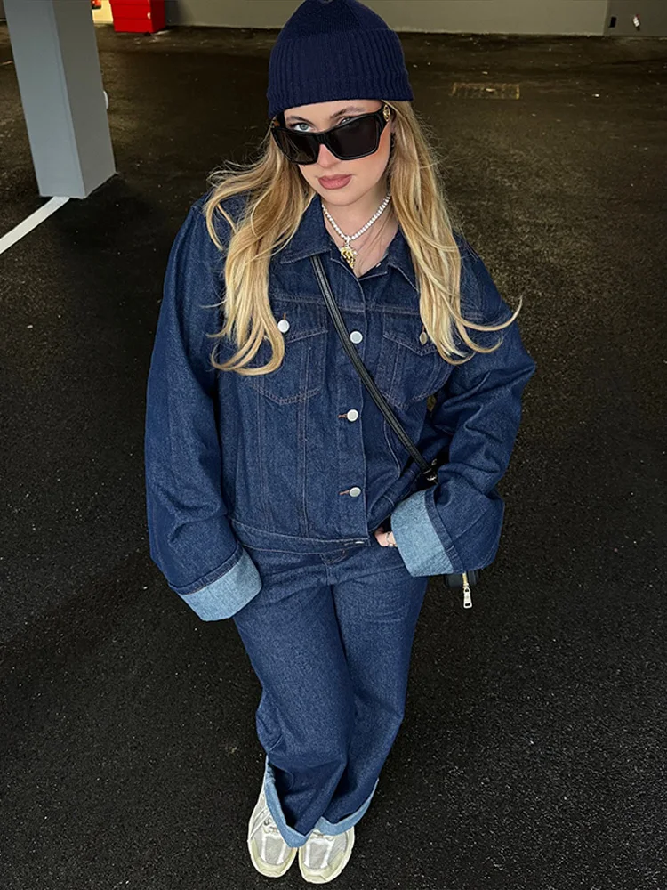 Denim Lapel Jackets Straight Pants Set Women Casual Single Breasted Tops Suit With High Waist Jeans Lady High Street Outfits
Denim Lapel Jackets Straight Pants Set Women Casual Single Breasted Tops Suit With High Waist Jeans Lady High Street Outfits